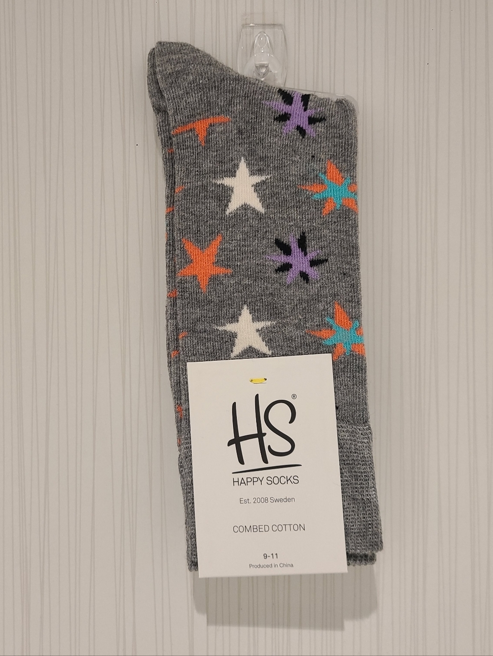 Happy Socks Gray Crew Cotton Socks with Multicolor Star Motif For Women